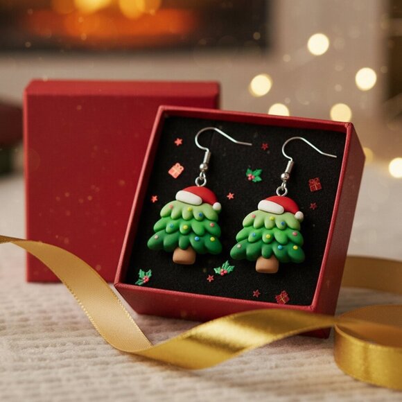 Festive Christmas Tree Earrings 🎄 Resin 18K White Gold Plated Ear Needles 🎅 - Picture 5 of 10